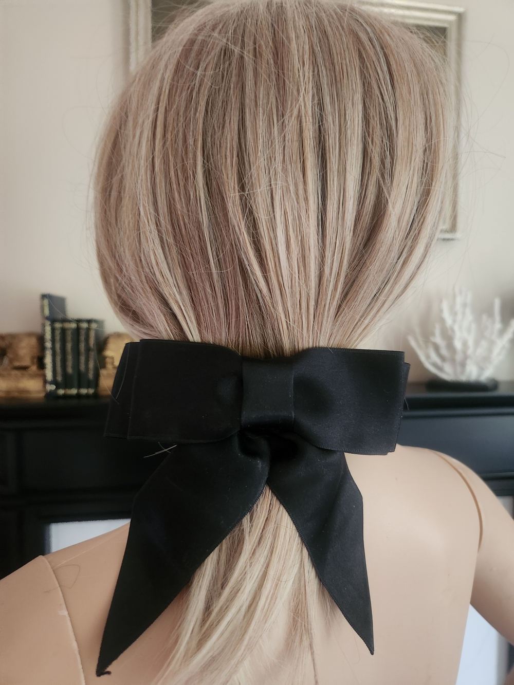 Black Satin Hair Bow Ponytail Ribbon